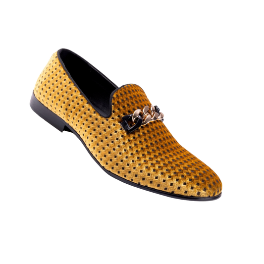 Montique Men's Gold Velvet Material Slip-on Shoe Gold Chain Fashion Design