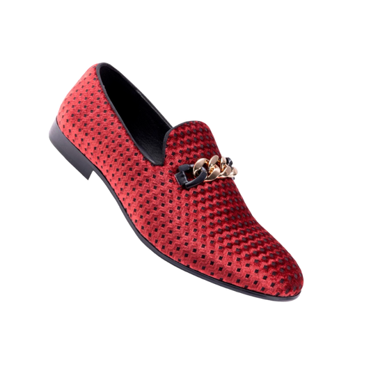 Montique Men's Red Velvet Material Slip-on Shoe Gold Chain Fashion Design