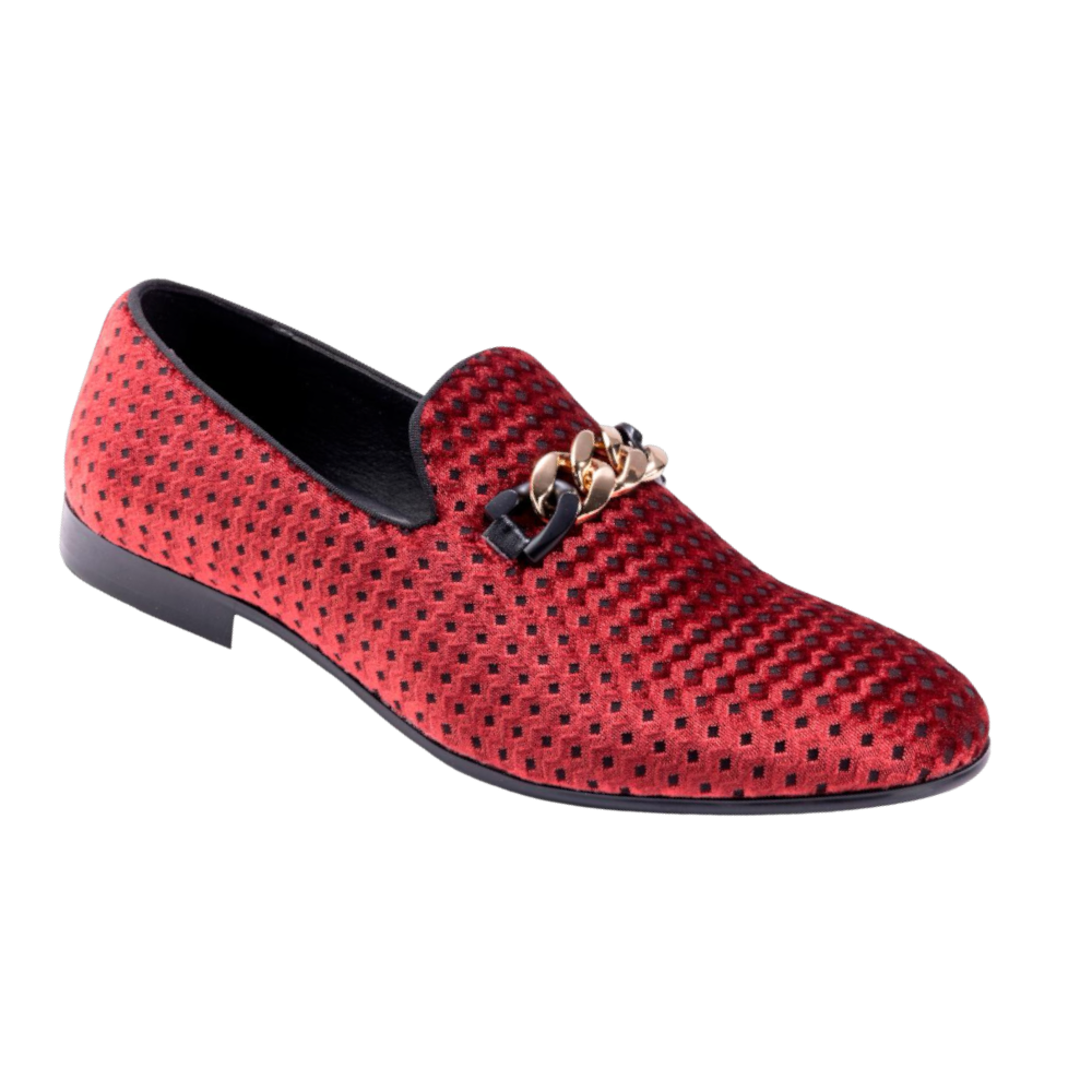 Montique Men's Red Velvet Material Slip-on Shoe Gold Chain Fashion Design