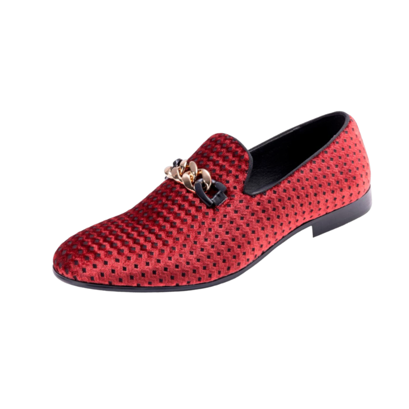 Montique Men's Red Velvet Material Slip-on Shoe Gold Chain Fashion Design