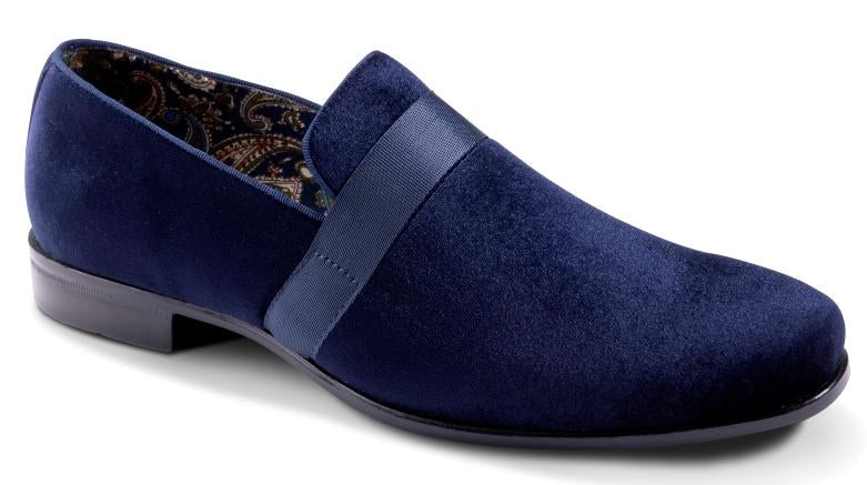 Montique Navy Velvet Men's Shoe Slip-on with a satin ribbon Style