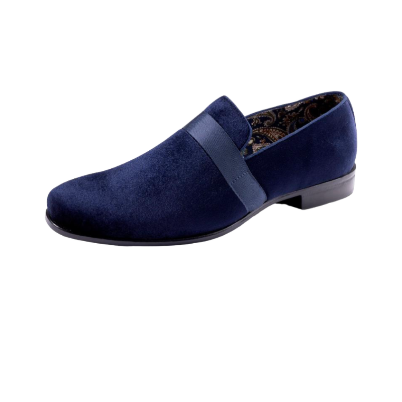 Montique Navy Velvet Men's Shoe Slip-on with a satin ribbon Style