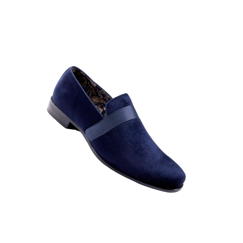 Montique Navy Velvet Men's Shoe Slip-on with a satin ribbon Style