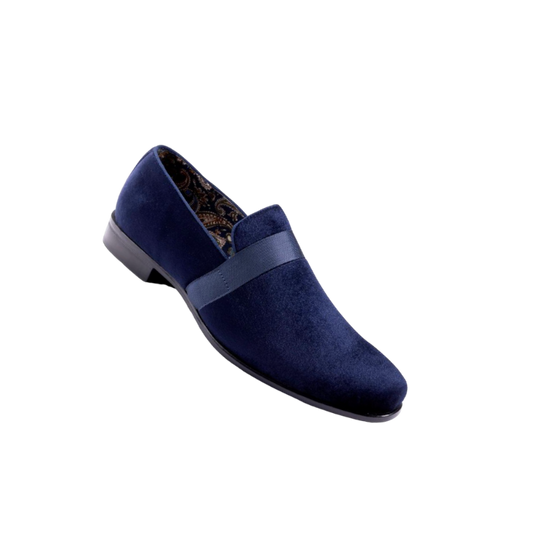 Montique Navy Velvet Men's Shoe Slip-on with a satin ribbon Style