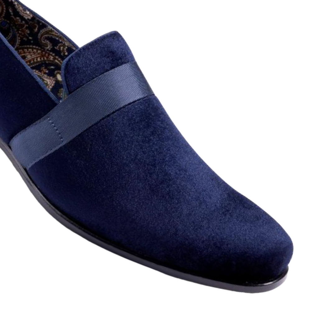 Montique Navy Velvet Men's Shoe Slip-on with a satin ribbon Style