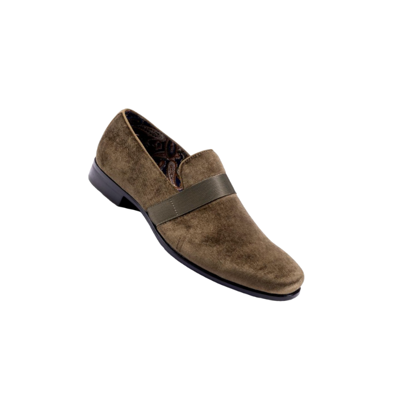 Montique Olive Velvet Men's Shoe Slip-on with a satin ribbon Luxury Style