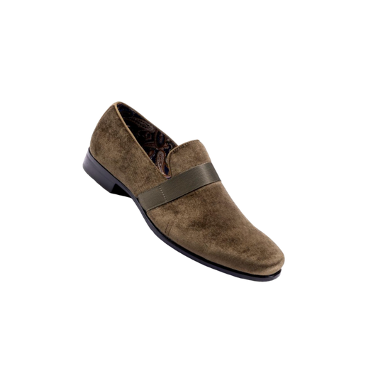 Montique Olive Velvet Men's Shoe Slip-on with a satin ribbon Luxury Style