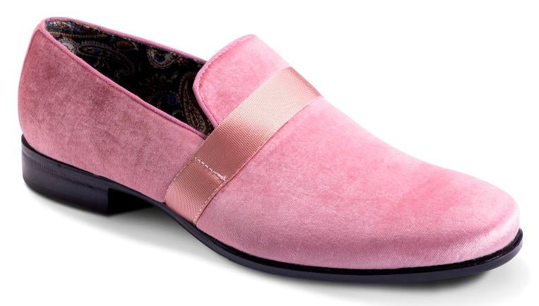 Montique Pink Velvet Men's Shoe Slip-on with a satin ribbon Loafer