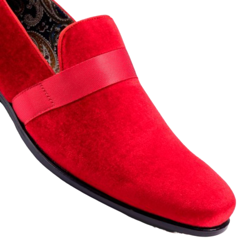 Montique Red Velvet Men's Shoe Slip-on with a satin ribbon Luxury Style Loafer