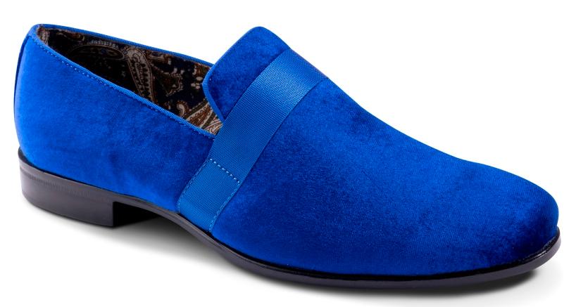 Montique Royal Blue Velvet Men's Shoe Slip-on with a satin ribbon Loafer