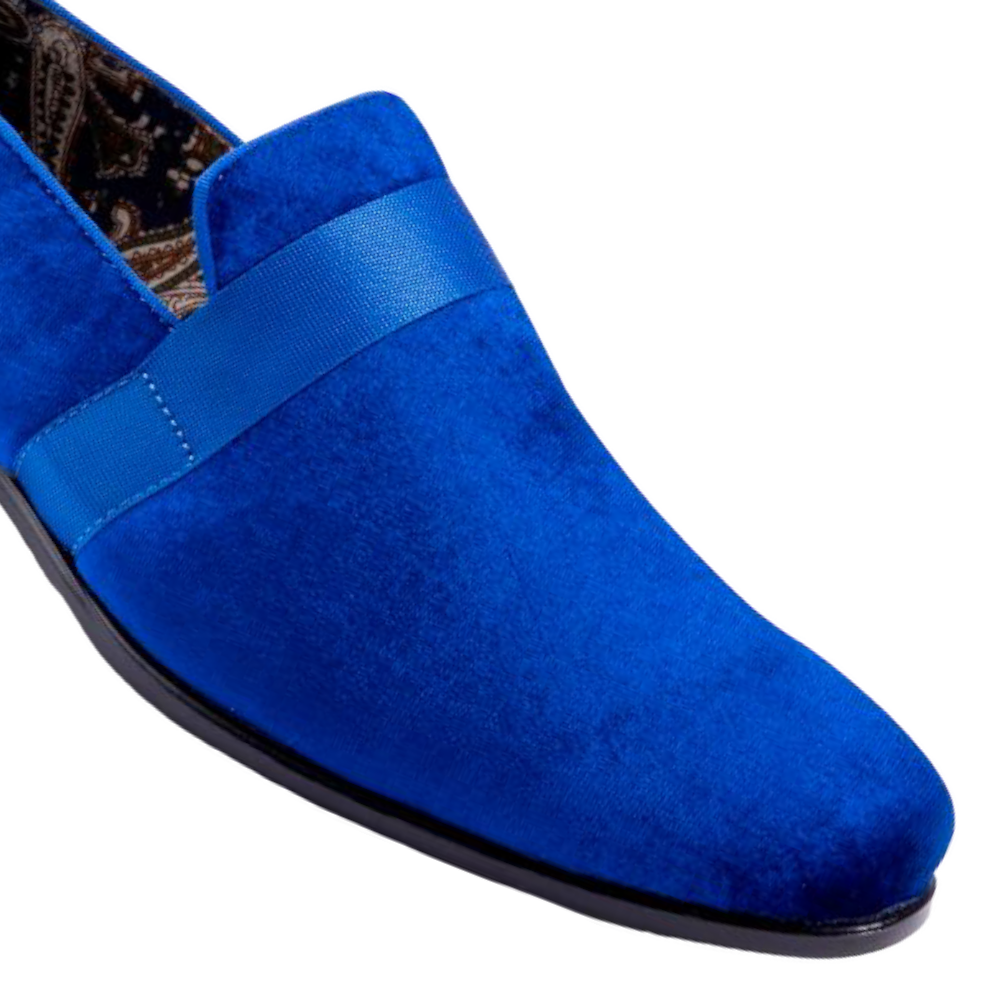 Montique Royal Blue Velvet Men's Shoe Slip-on with a satin ribbon Loafer