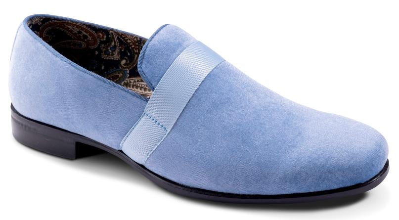 Montique Sky Blue Velvet Men's Shoe Slip-on with a satin ribbon