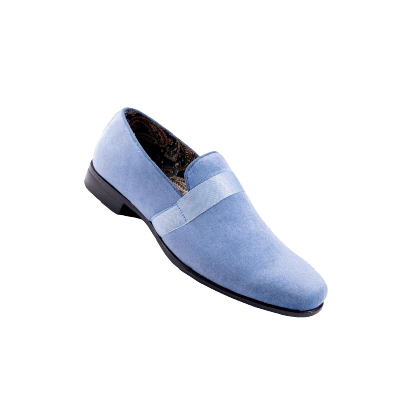 Montique Sky Blue Velvet Men's Shoe Slip-on with a satin ribbon