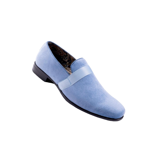 Montique Sky Blue Velvet Men's Shoe Slip-on with a satin ribbon