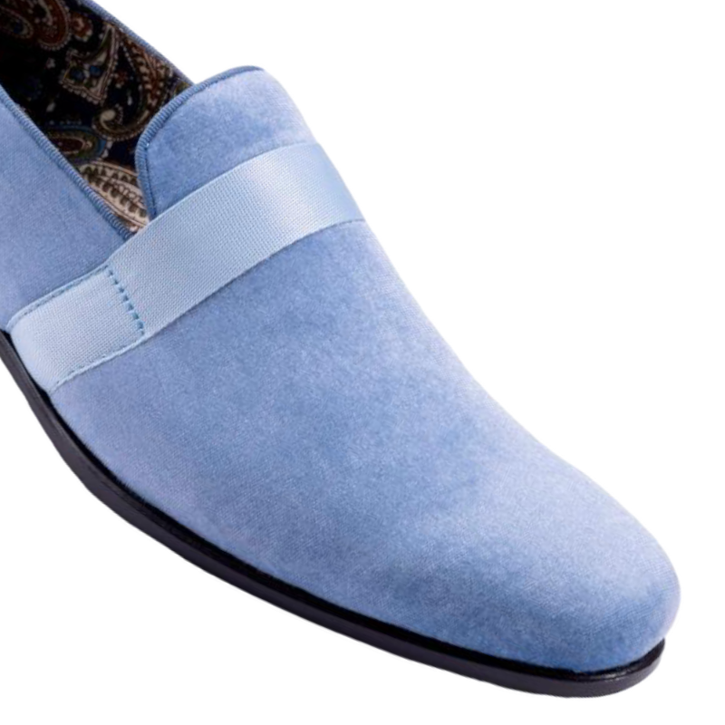 Montique Sky Blue Velvet Men's Shoe Slip-on with a satin ribbon