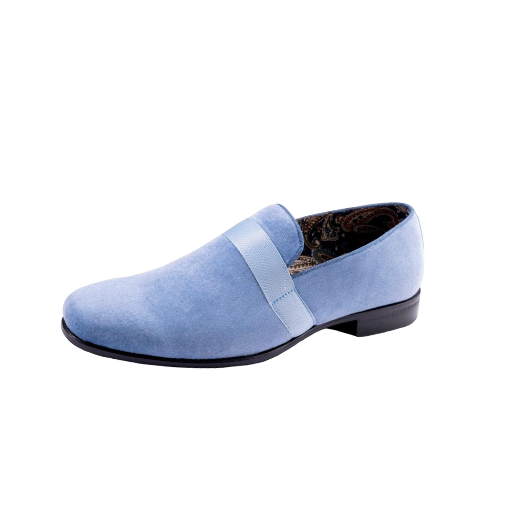 Montique Sky Blue Velvet Men's Shoe Slip-on with a satin ribbon