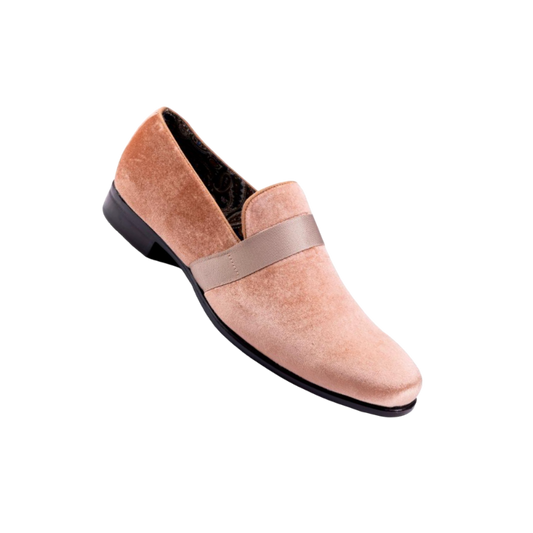 Montique Tan Velvet Men's Shoe Slip-on with a satin ribbon Tuxedo Loafers