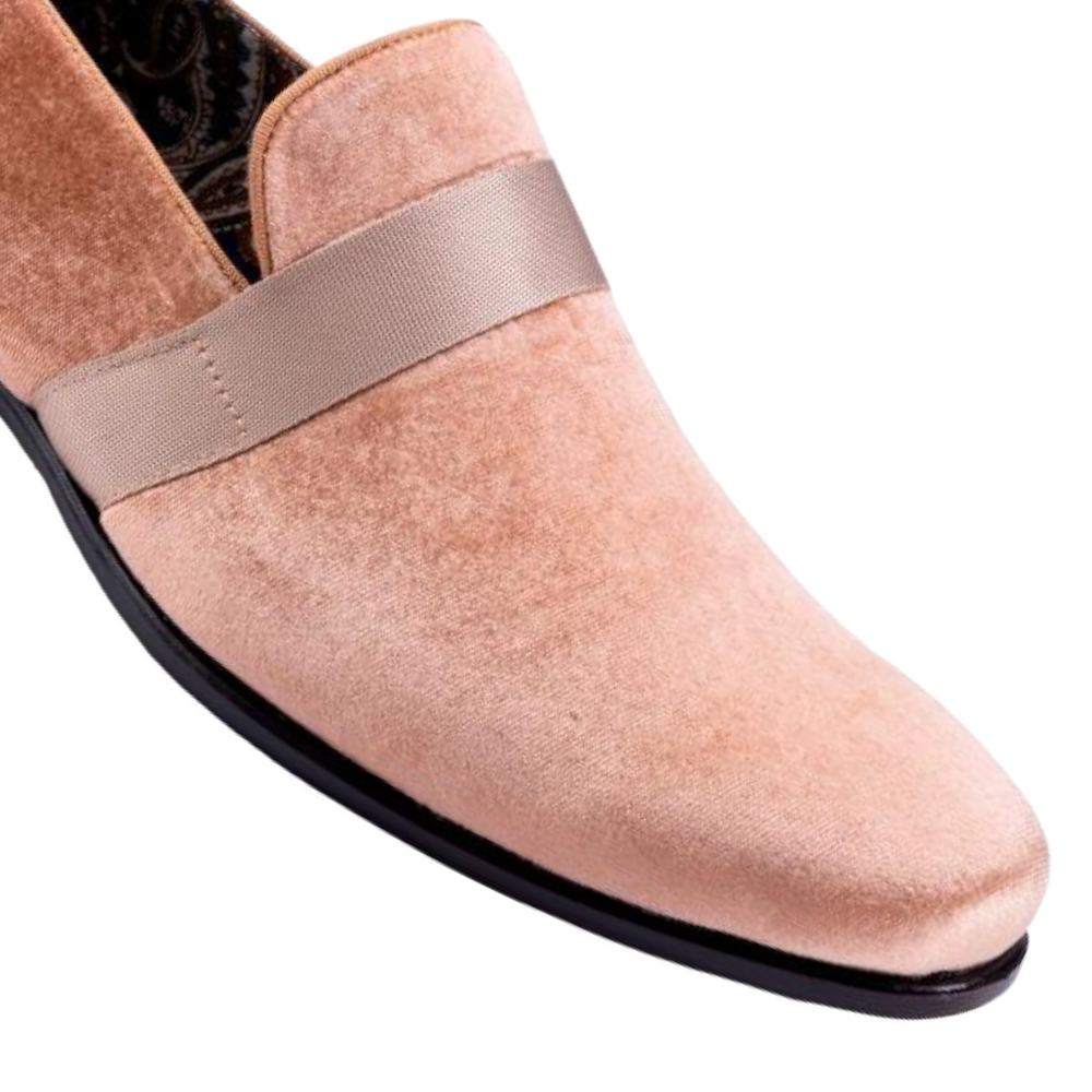 Montique Tan Velvet Men's Shoe Slip-on with a satin ribbon Tuxedo Loafers