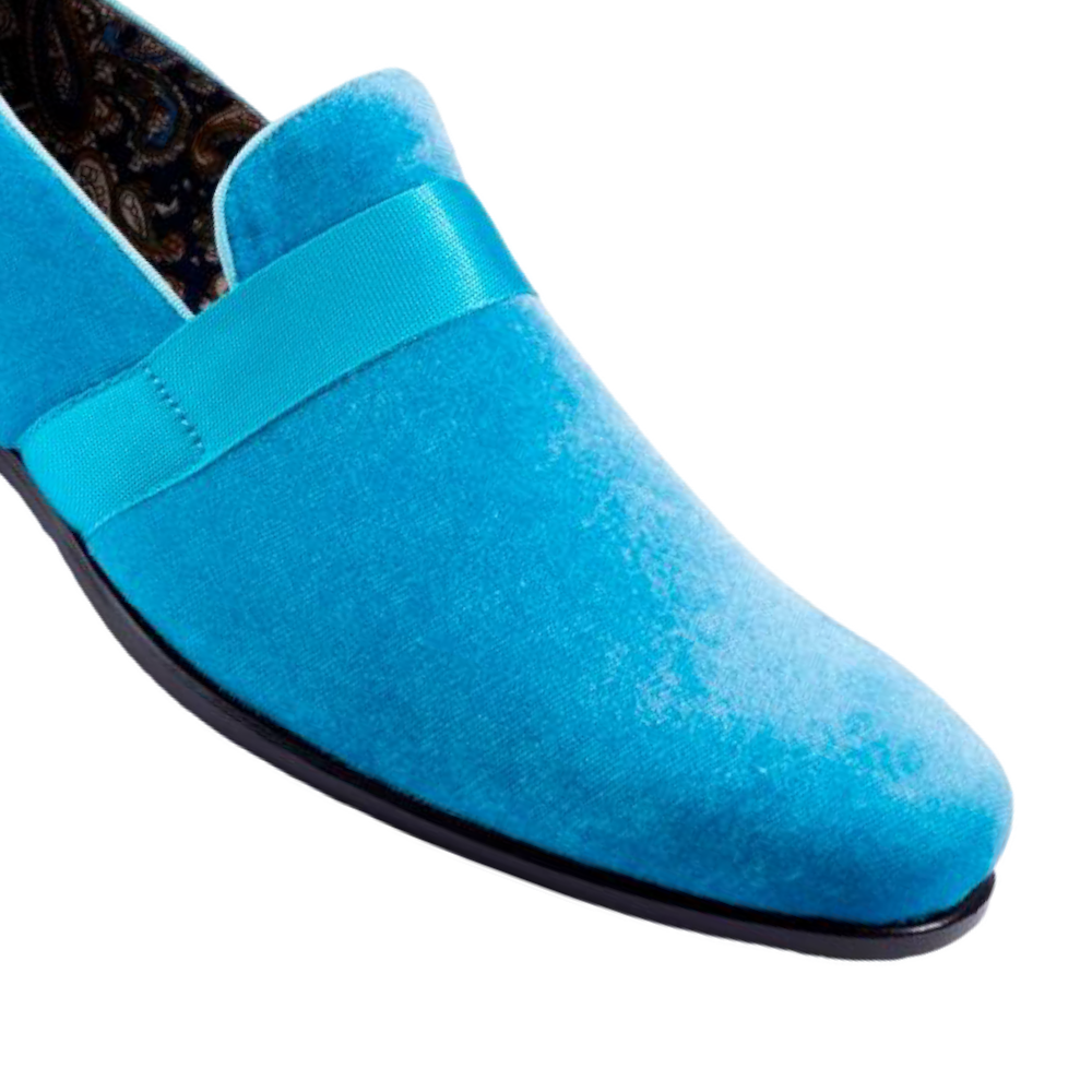 Montique Teal Aqua Velvet Men's Shoe Slip-on with a Satin Ribbon Tuxedo Loafers