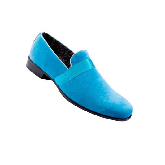 Montique Teal Aqua Velvet Men's Shoe Slip-on with a Satin Ribbon Tuxedo Loafers