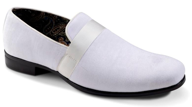 Montique White Velvet Men's Shoe Slip-on with a satin ribbon Luxury Style Loafer