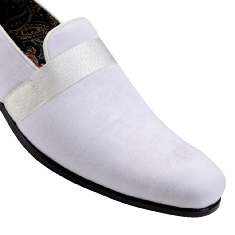 Montique White Velvet Men's Shoe Slip-on with a satin ribbon Luxury Style Loafer