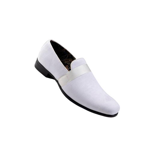 Montique White Velvet Men's Shoe Slip-on with a satin ribbon Luxury Style Loafer