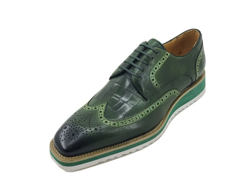 Carrucci olive green lace up wingtip oxford men's shoes Genuine Leather