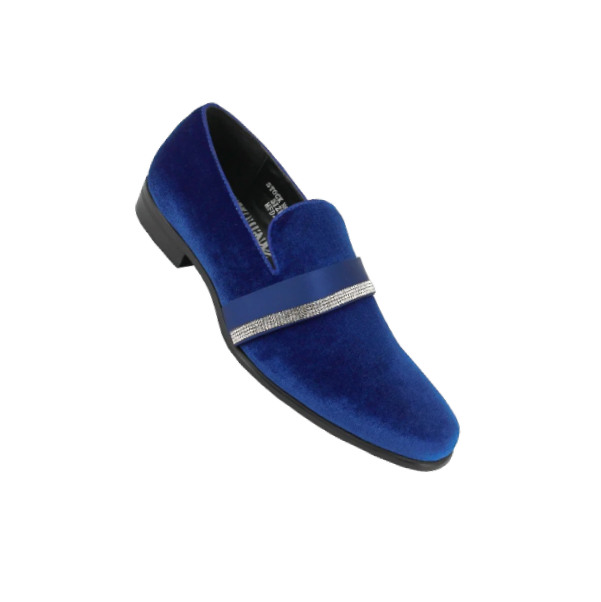 Velvet royal blue slip on shoes with diamonds stone tuxedo style