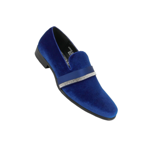 Velvet royal blue slip on shoes with diamonds stone tuxedo style