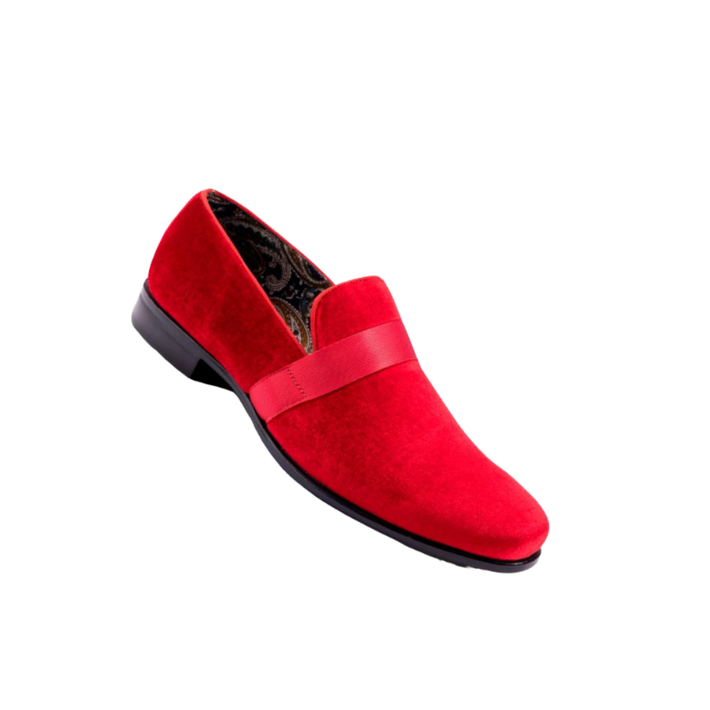 Montique Red Velvet Men's Shoe Slip-on with a satin ribbon Luxury Style Loafer