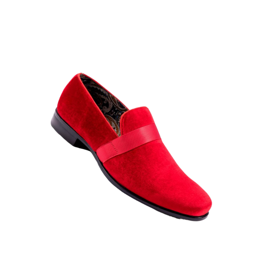 Montique Red Velvet Men's Shoe Slip-on with a satin ribbon Luxury Style Loafer