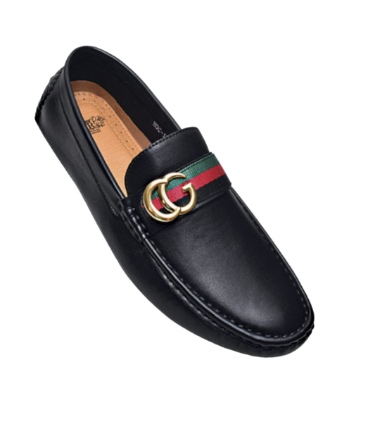 Men's Black Loafer Leather Slip On Red and Green Strip - Design Menswear