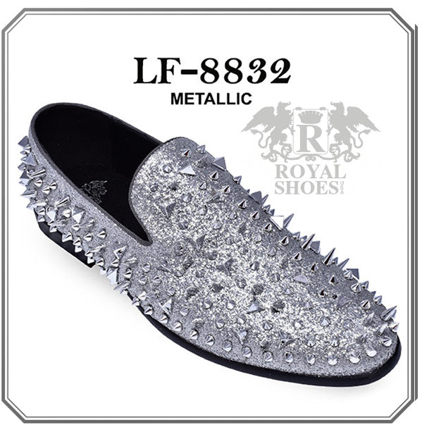 Royal men's spikes silver metallic shoes slip-on smokers tuxedo luxury loafers