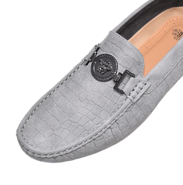 Royal shoes grey loafer men's black printed suede leather with metal buckle