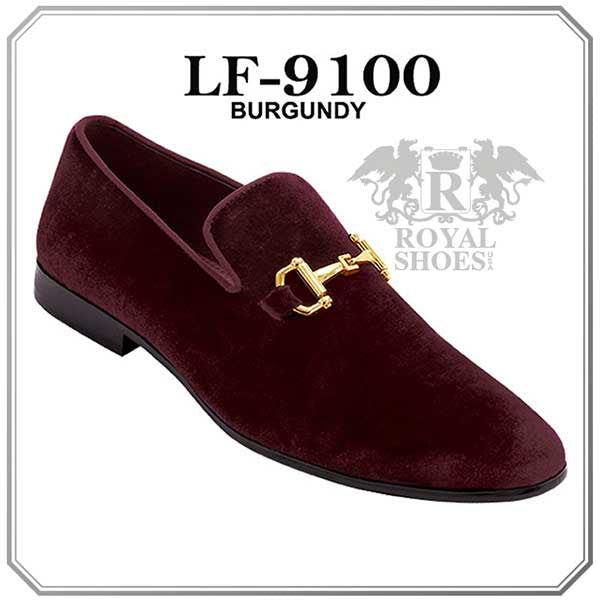 Royal shoes men's burgundy velvet slip on loafers gold buckle