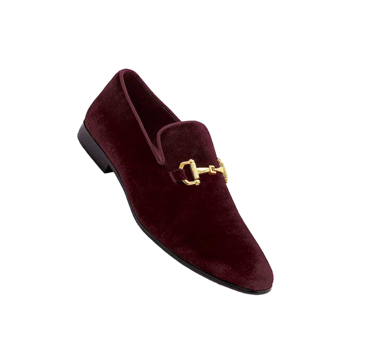 Royal shoes men's burgundy velvet slip on loafers gold buckle