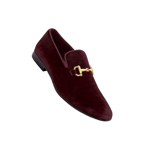 Royal shoes men's burgundy velvet slip on loafers gold buckle