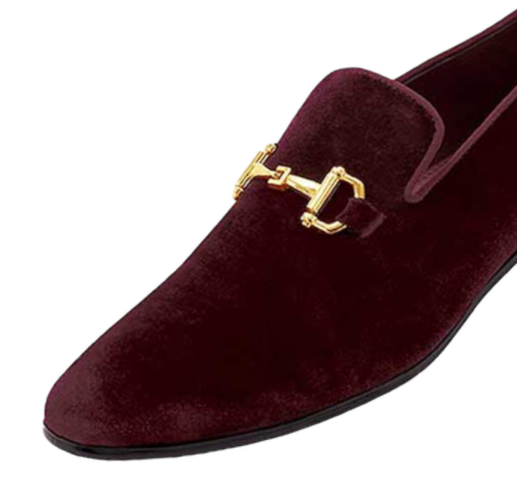 Royal shoes men's burgundy velvet slip on loafers gold buckle