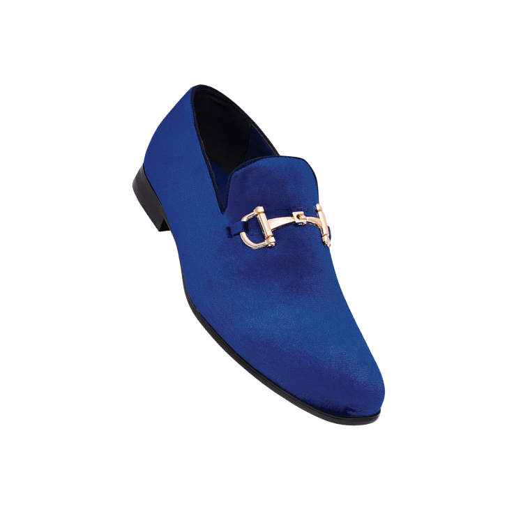 Royal shoes men's royal blue velvet slip on loafers gold buckle
