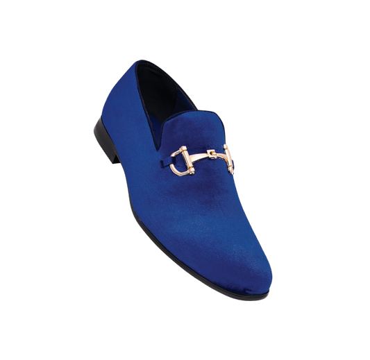Royal shoes men's royal blue velvet slip on loafers gold buckle