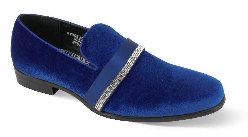 Velvet royal blue slip on shoes with diamonds stone tuxedo style