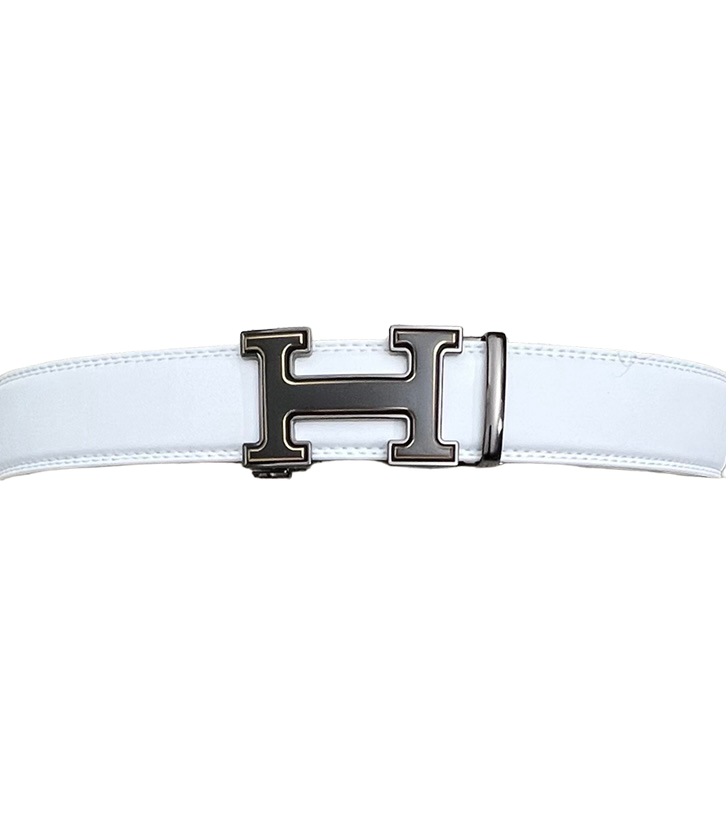 White Men's Belt Leathers Slide Ratchet Genuine Leather H Silver Buckle - Design Menswear