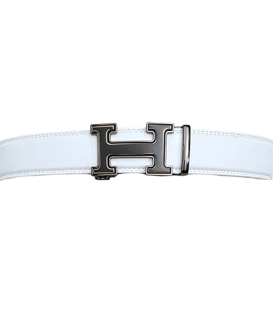 White Men's Belt Leathers Slide Ratchet Genuine Leather H Silver Buckle - Design Menswear