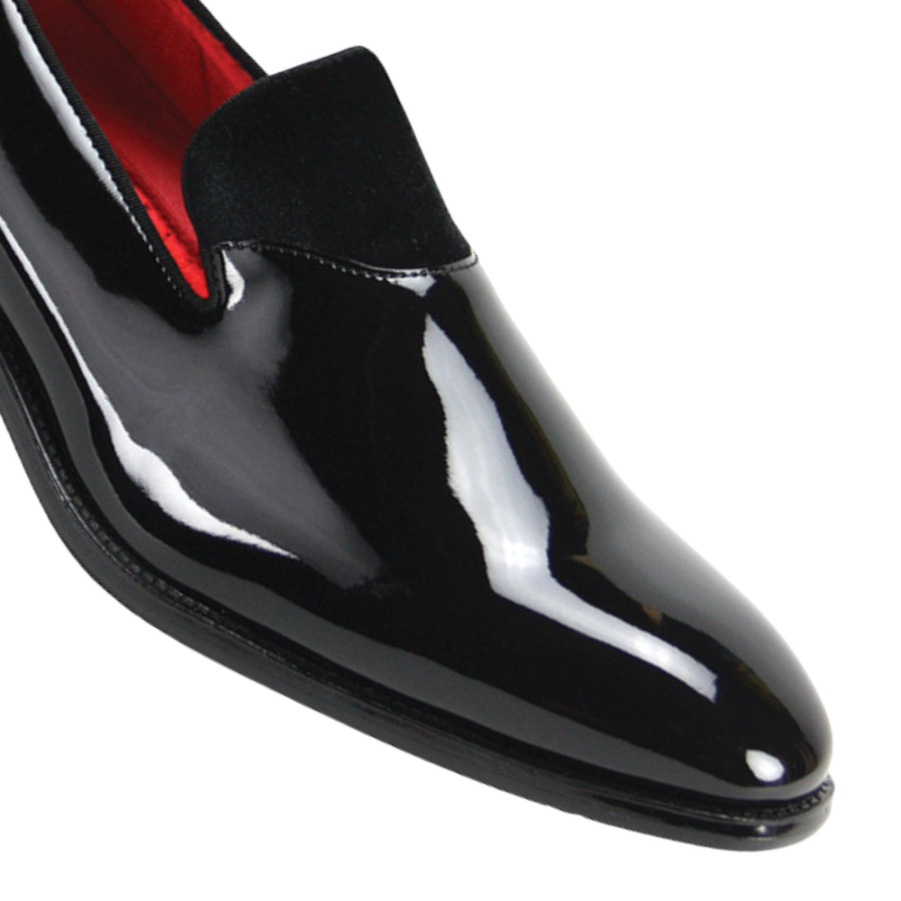 Black men's patent leather tuxedo shoes with velvet by globe footwear