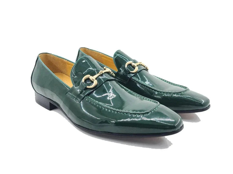 carrucci Green patent leather mens shoes shiny slip on dress Shoes Gold Buckle