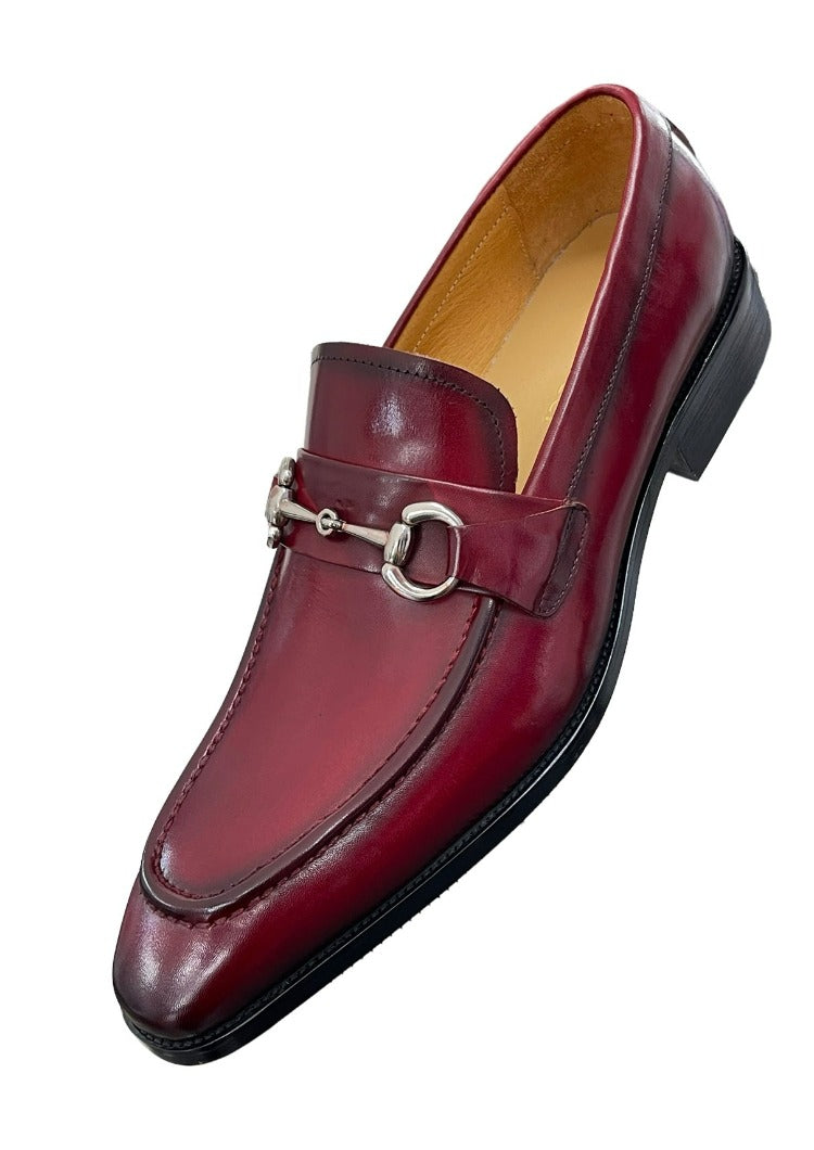 Carrucci Burgundy Leather Men's Slip On Dress Shoes Silver Buckle - Design Menswear