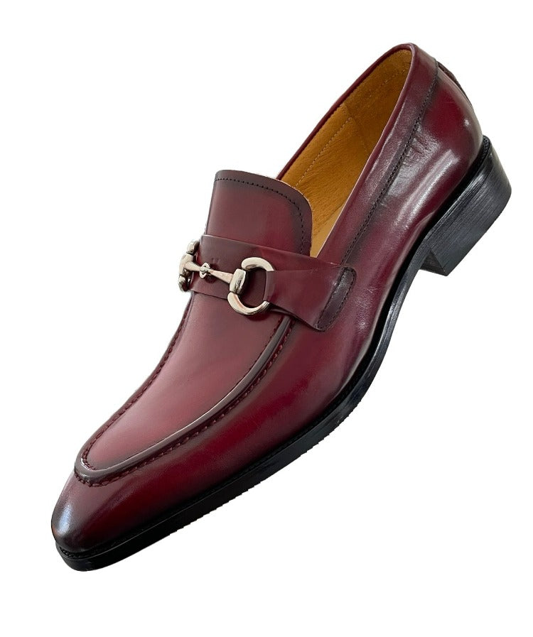 Carrucci Burgundy Leather Men's Slip On Dress Shoes Silver Buckle - Design Menswear