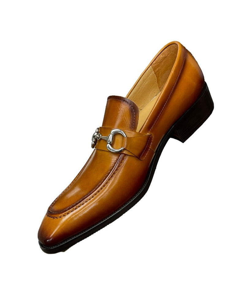 Carrucci cognac Leather Men's Slip On Dress Shoes Silver Buckle - Design Menswear