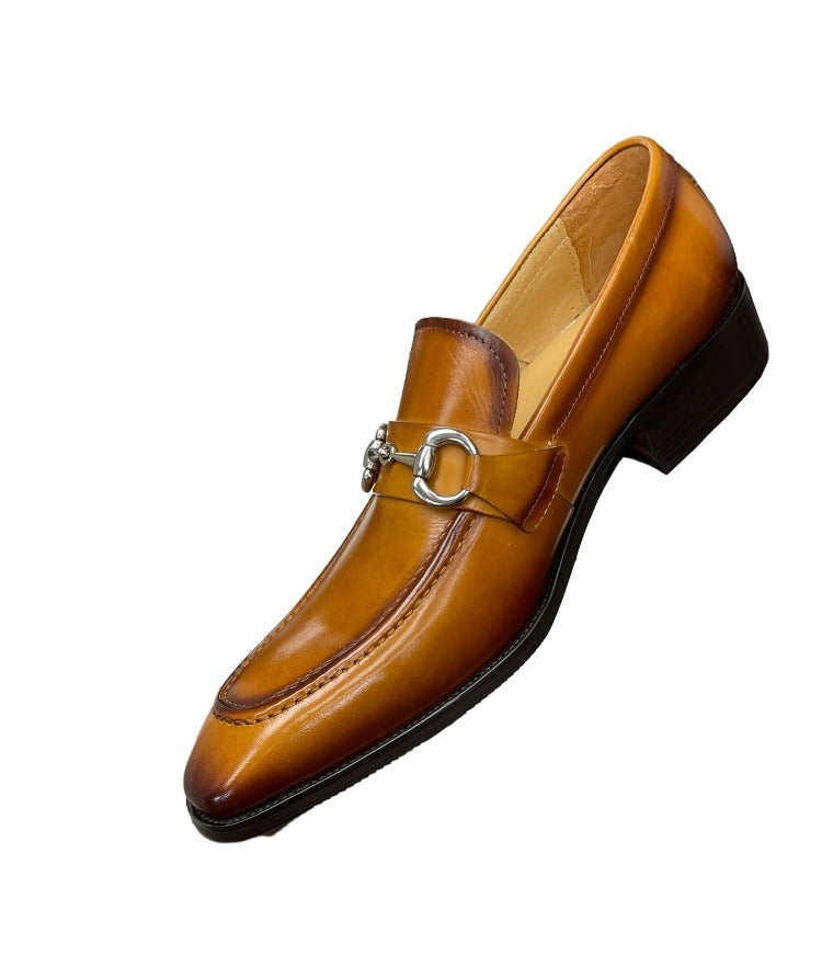 Carrucci cognac Leather Men's Slip On Dress Shoes Silver Buckle - Design Menswear